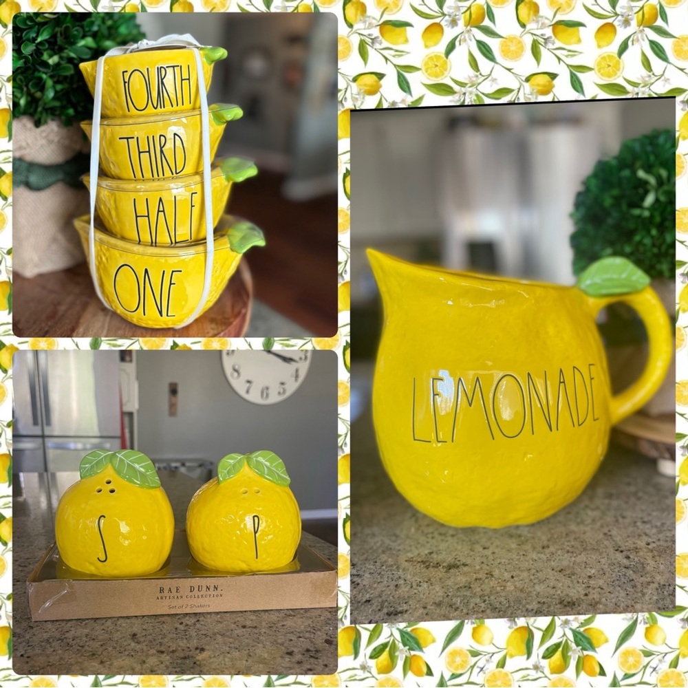 Rae Dunn Lemon Bundle
1 Lemonade Pitcher
1 Lemon S/P 
1 Lemon Measuring Cup Set